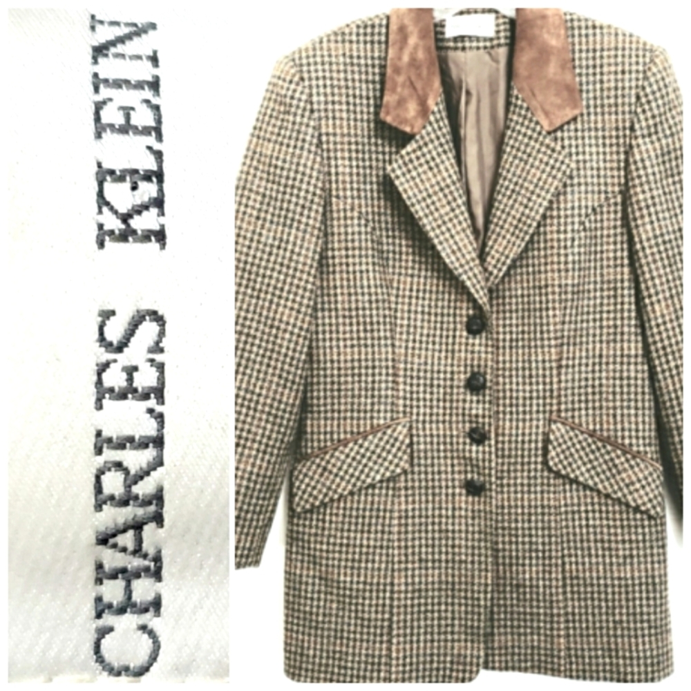 Charles Klein Women's Houndstooth Blazer with Suede Collar - Brown